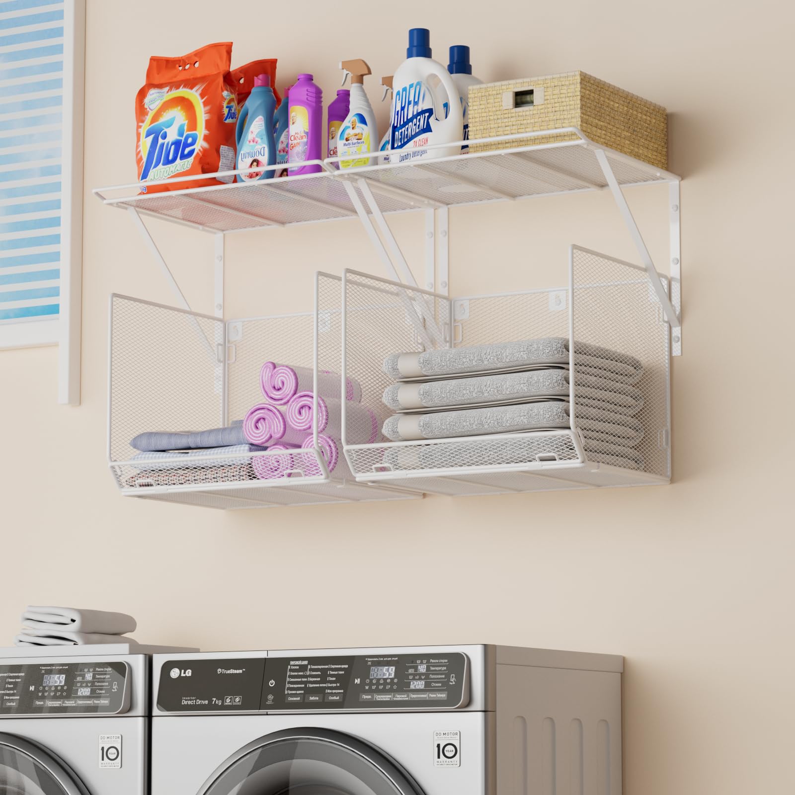 2 Pack Wall Mounted Laundry Room Shelves with Wire Mesh Basket - Heavy Duty Clothes Drying Rack & Storage Shelf for Over Washer and Dryer - Space Saving Organization for Bathroom, Kitchen, Storeroom - Perfect for Small Spaces & Apartment Living