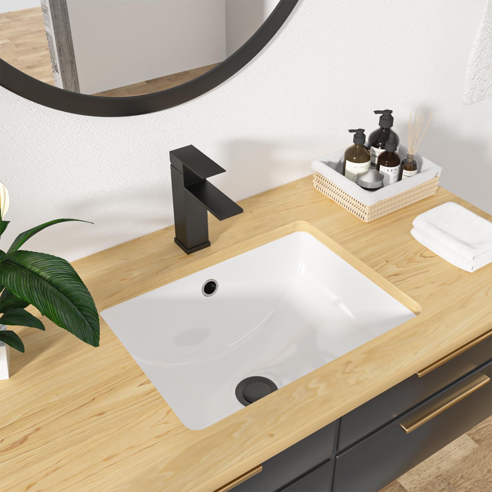 Kichae 18x14 Inch Modern White Rectangular Undermount Bathroom Sink - Porcelain Ceramic Vanity Lavatory with Overflow for Contemporary Home & Commercial Use