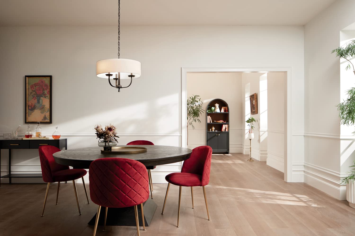 Kichler Kennewick 3-Light Black Chandelier with White Fabric Shade - Elegant Dining Room & Bedroom Ceiling Light Fixture for Modern Home Decor