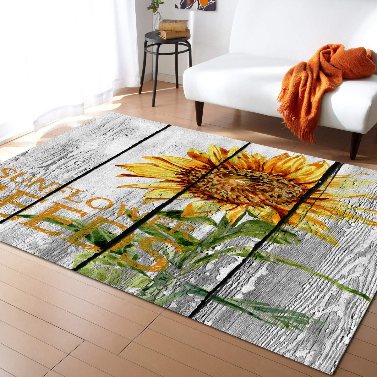3'x5' Sunflower Area Runner Rug - Washable Indoor Outdoor Carpet for Kitchen, Living Room, Bathroom, Bedroom, Classroom & Laundry Room | Non-Slip Wood Grain Design Doormat & Welcome Floor Mat - Perfect for Entryways, Hallways and High Traffic Areas