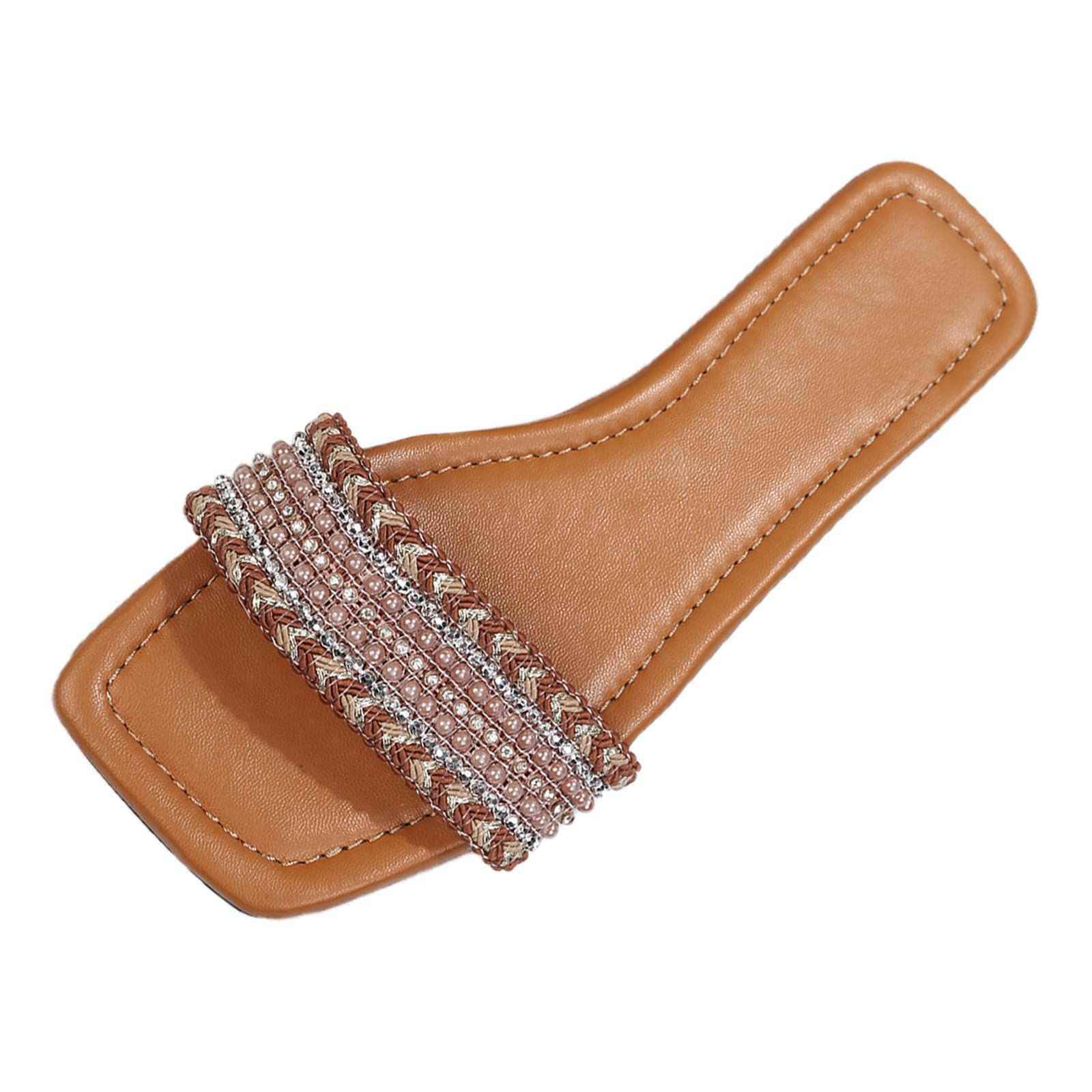 CRZIDHA Women's Beaded Fringe Slippers - Flat Open Toe Sandals for Summer, Beach & Home - Boho Fashion Slippers with Square Headband - Size 6 (Brown, 7) - Perfect for Vacation, Lounging & Fairy-Themed Outfits