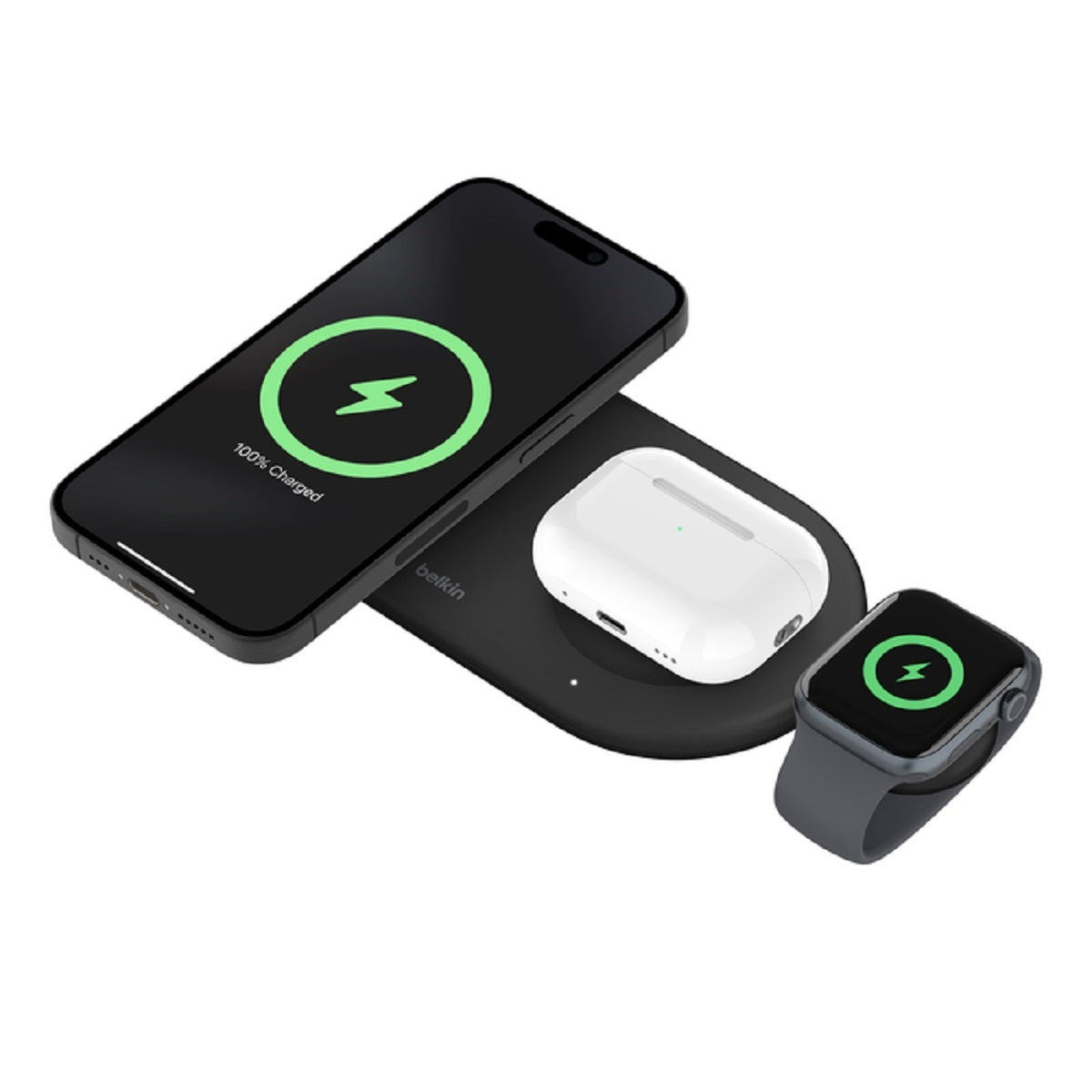 Belkin BoostCharge Pro Qi2 15W 3-in-1 Magnetic Wireless Charging Pad for iPhone, Samsung & AirPods - Fast Charging Stand for Home, Office & Travel