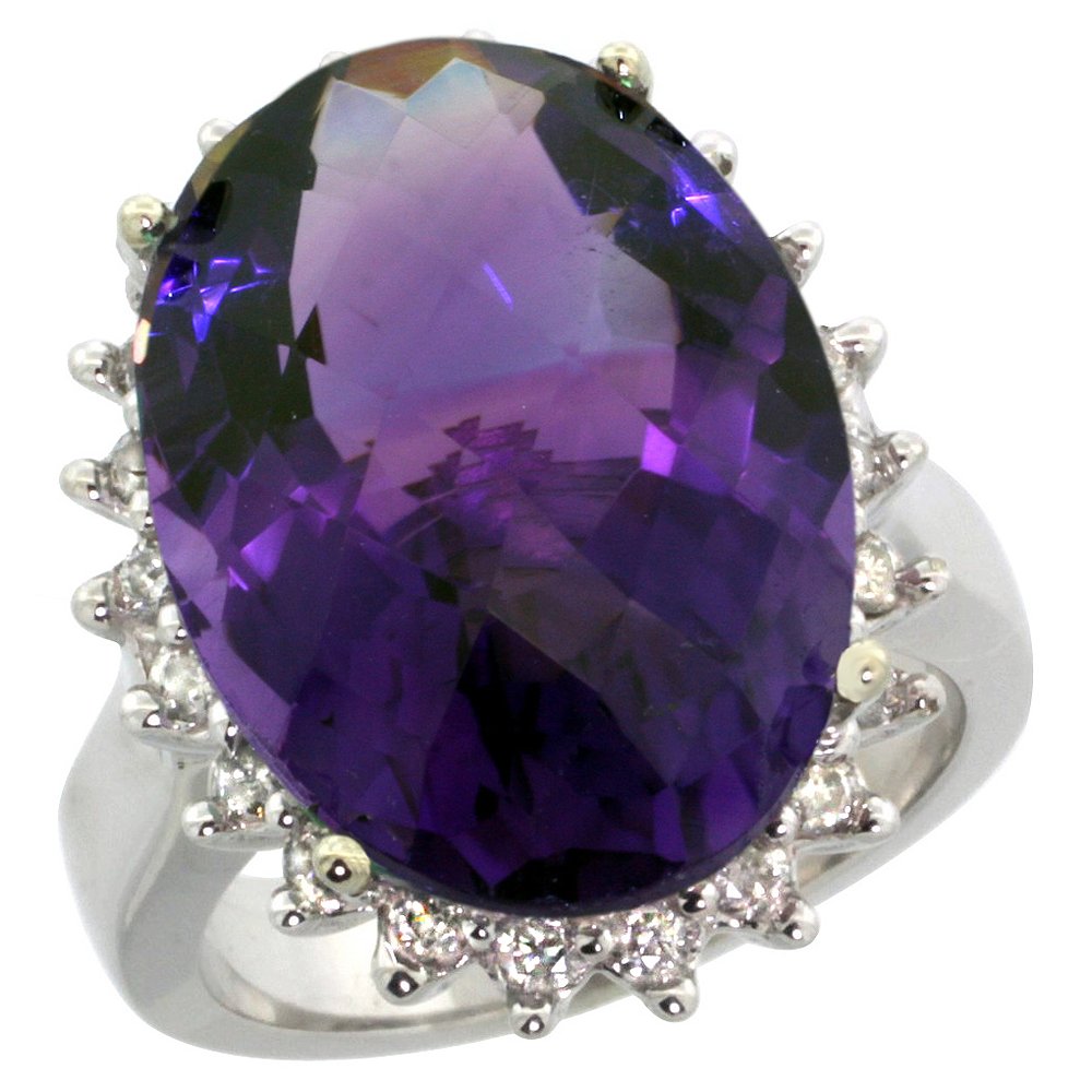 10K White Gold Diamond Halo Natural Amethyst Ring - Large Oval 18x13mm, Size 5-10 | Elegant Engagement, Anniversary & Wedding Jewelry Gift for Women