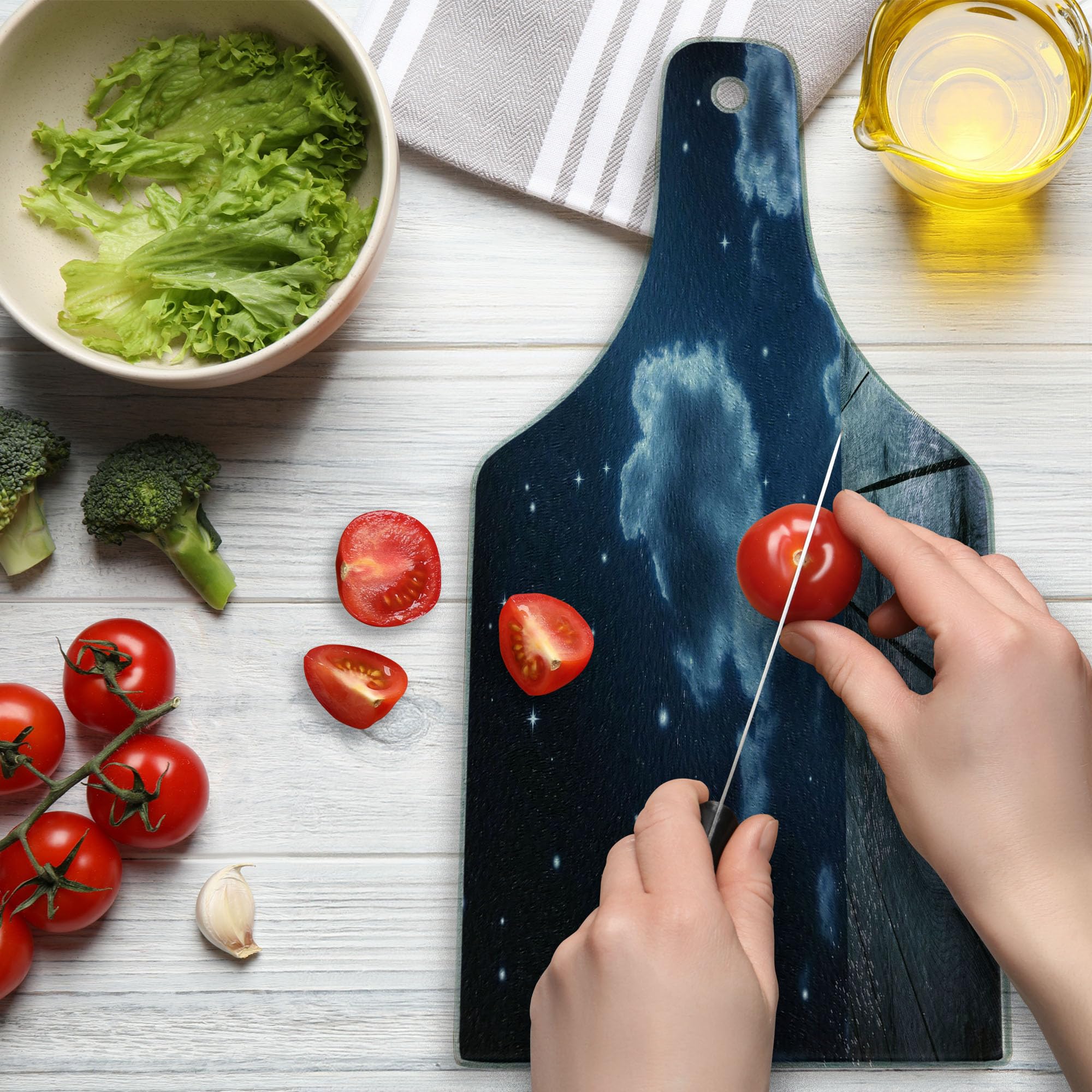 Ambesonne Dark Blue Wooden Cutting Board - Celestial Night Sky with Stars, Clouds & Crescent Moon - Decorative Tempered Glass Serving Board (Wine Bottle Shape) - Perfect for Cheese Platters, Charcuterie & Wine Pairings - Dark Blue & White Kitchen Decor