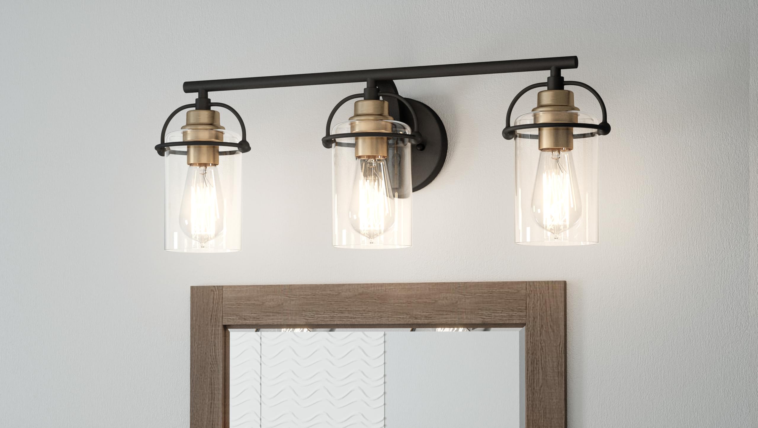 Quoizel Emerson 24 Inch 3-Light Matte Black Bathroom Vanity Light Fixture - Clear Glass Shades, Transitional Wall Mount Mirror Lighting for Bathroom, Powder Room & Dressing Area