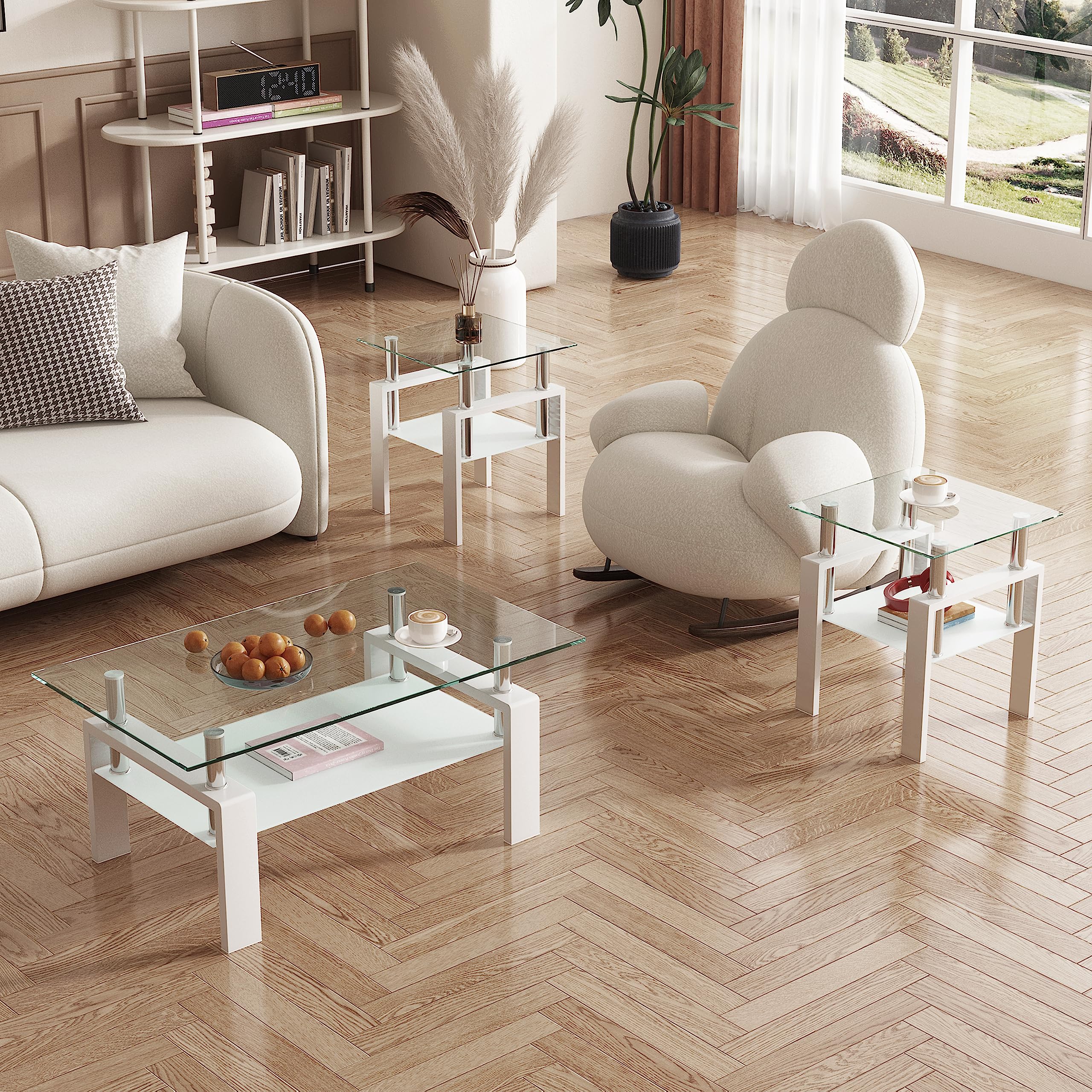 Modern 3-Piece Glass Coffee Table Set with Storage - Black Metal Leg Rectangle Tempered Center & Side Tables for Living Room - White Home Furniture (Perfect for Small Spaces, Apartments & Contemporary Decor)
