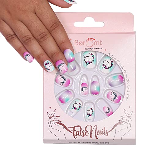 Beromt Press On Nails Set - 24pcs Full Cover Fake Nails with Glue, Beautiful Multicolor Acrylic Artificial Nails for Women & Girls | Perfect for Parties, Weddings & Daily Wear