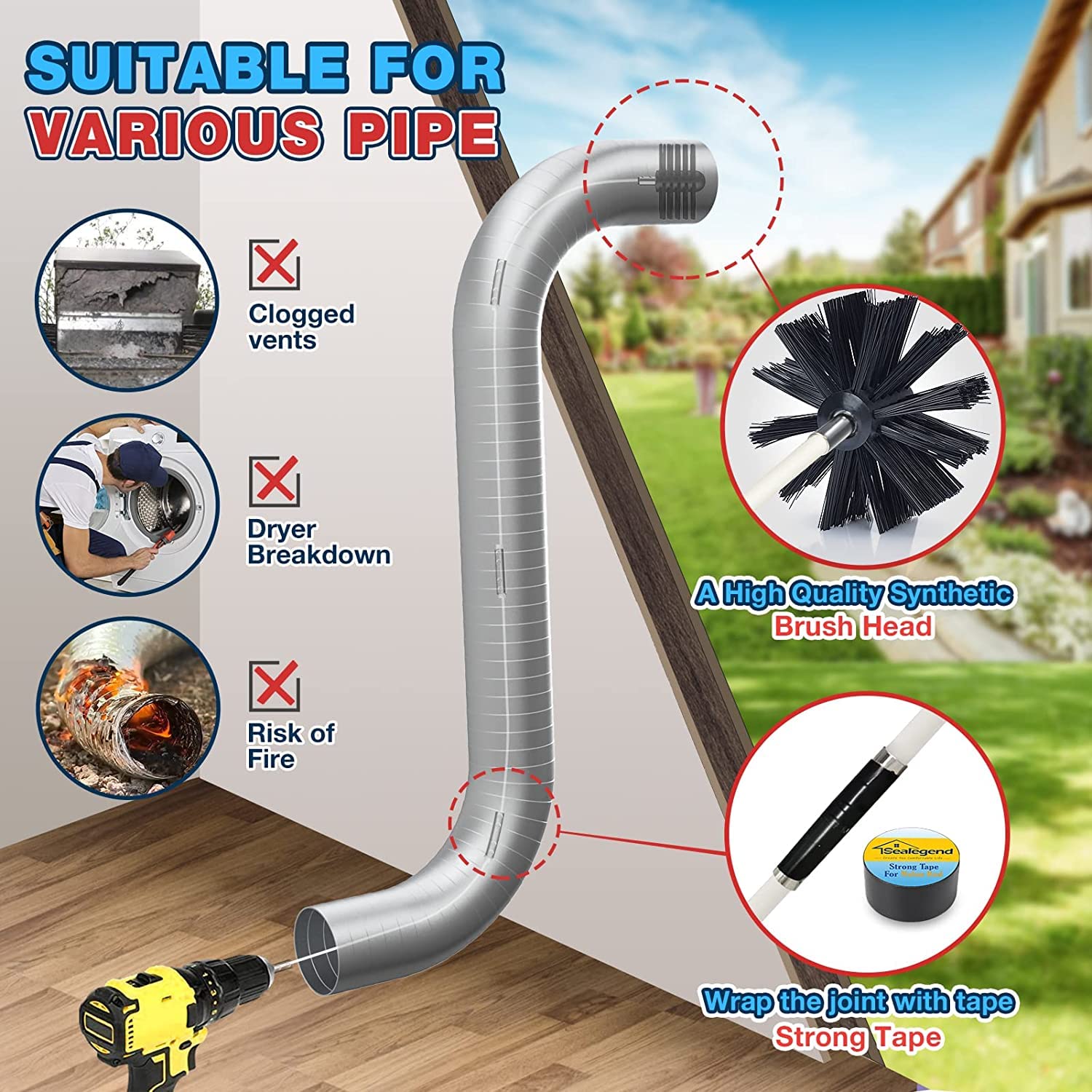 Sealegend 11-Piece Dryer Vent Cleaning Kit with 30ft Brush, Lint Vacuum Attachment & Adapters - Omnidirectional Dryer Vent Cleaner for Efficient Lint Removal - Perfect for Home Laundry Room Maintenance & Fire Prevention