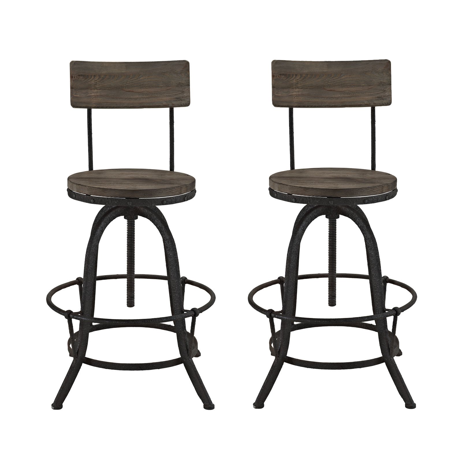 Modway Procure Rustic Farmhouse Adjustable Height Bar Stools - Solid Pine Wood & Cast Iron Construction, Brown - Perfect for Kitchen Islands, Breakfast Nooks & Home Bars