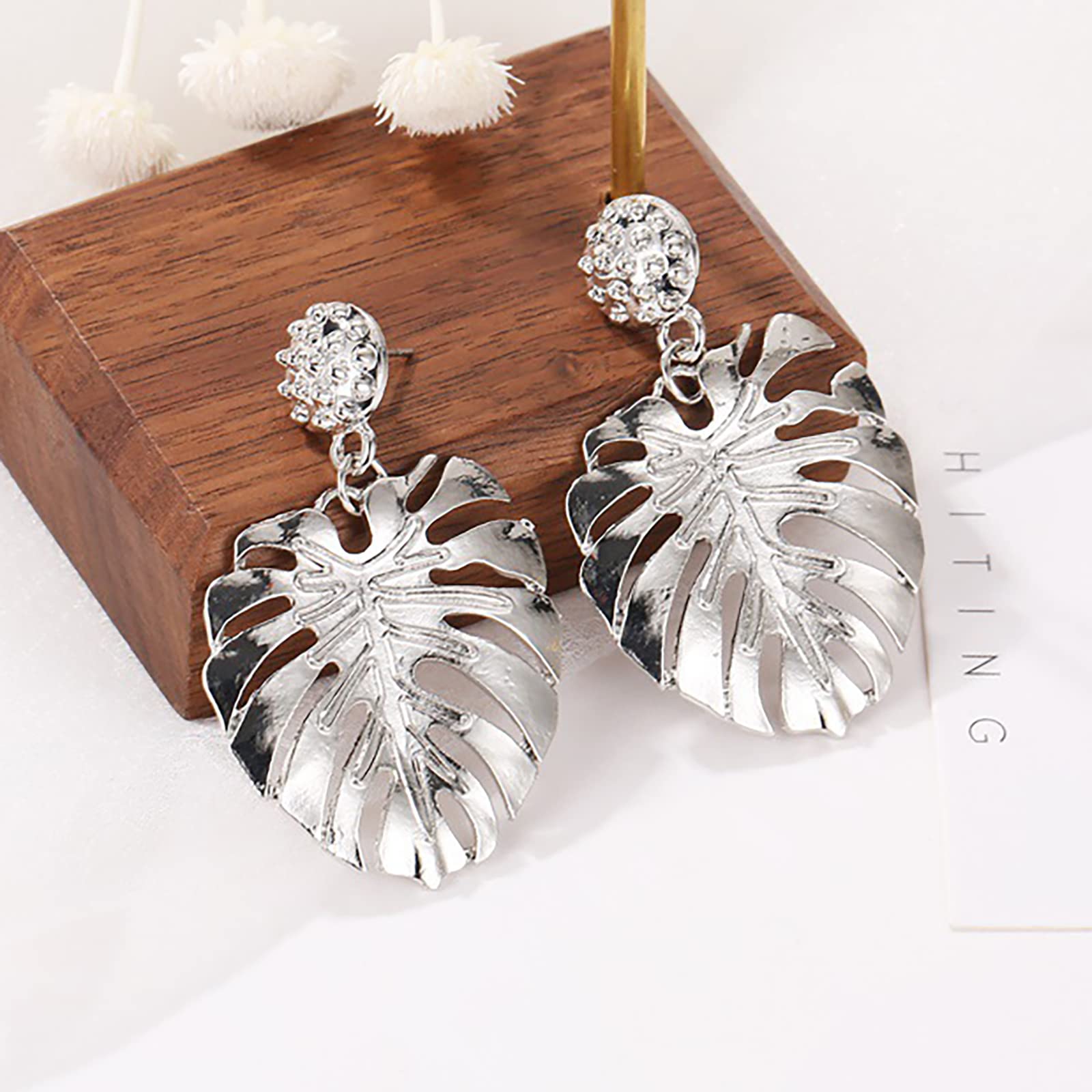 Punk Hollow Leaf Dangle Earrings for Women - Silver Palm Leaf Drop Earrings with Circle Post Stud | Boho Chic Jewelry for Parties, Beach Vacations & Everyday Wear