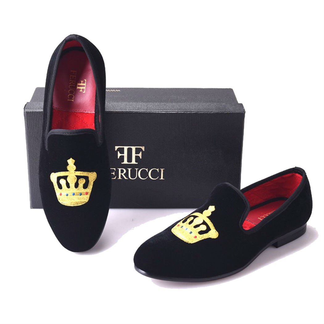 FERUCCI Handmade Men's Black Velvet Slippers - Comfortable Loafers with Gold Crown Design | Perfect for Indoor Lounging, House Parties & Luxury Gifting