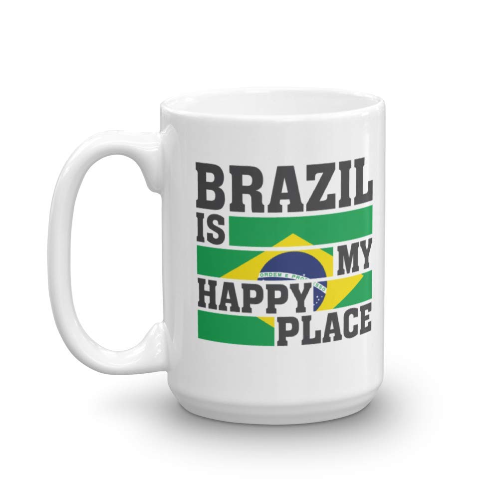 Brazil Is My Happy Place Flag Art Print 15oz Coffee Mug - Unique Travel Inspired Ceramic Cup for Tea & Coffee Lovers - Perfect Birthday Party Favors, Home Decor & Gift for Men & Women