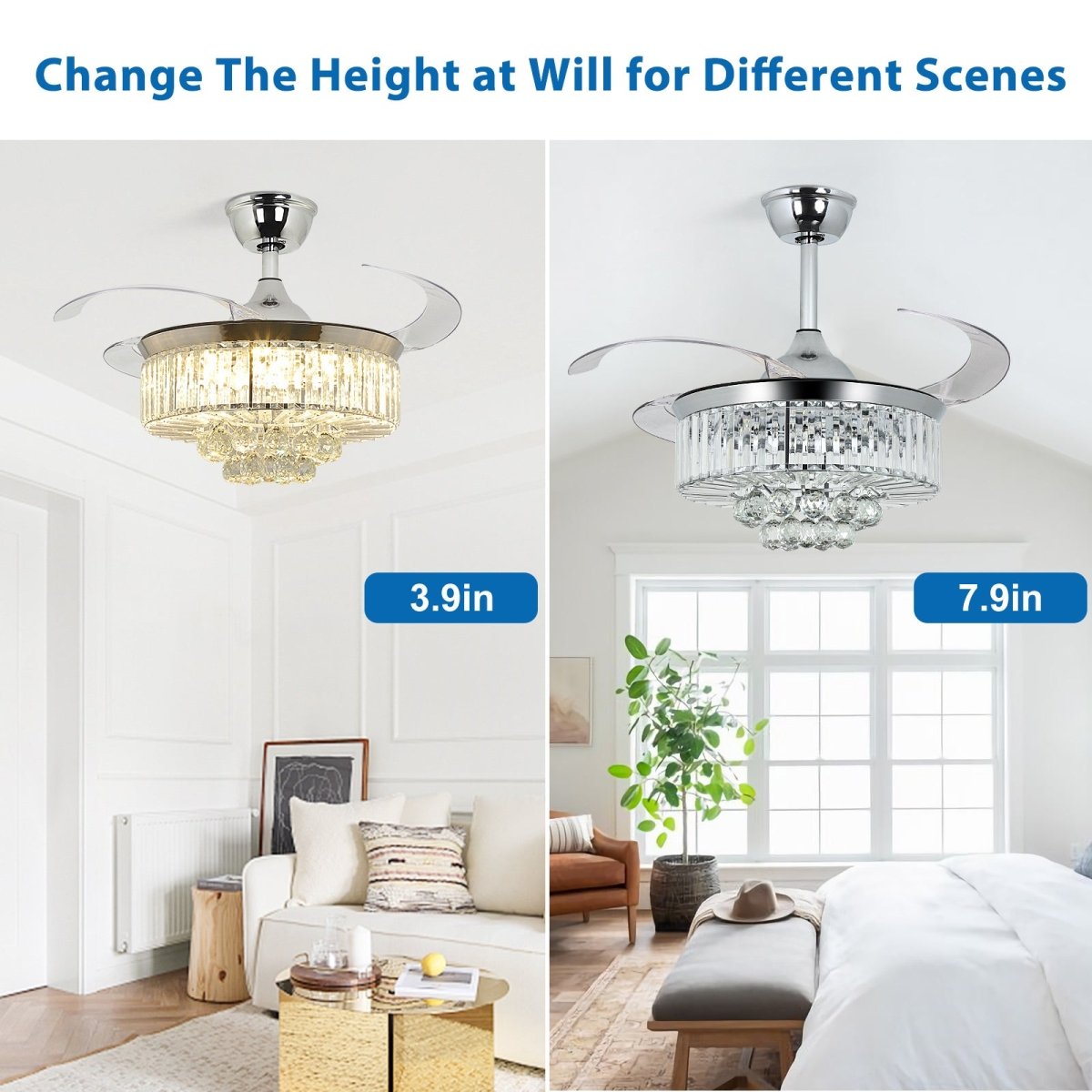 Modern Crystal Retractable Invisible Blades Fandelier - 42 Inch LED Chandelier Ceiling Fan with Remote, 3 Color Temperatures (3000K-6000K), 6-Speed Reversible DC Motor, Silver - Perfect for Bedroom, Living Room, and Dining Room Lighting