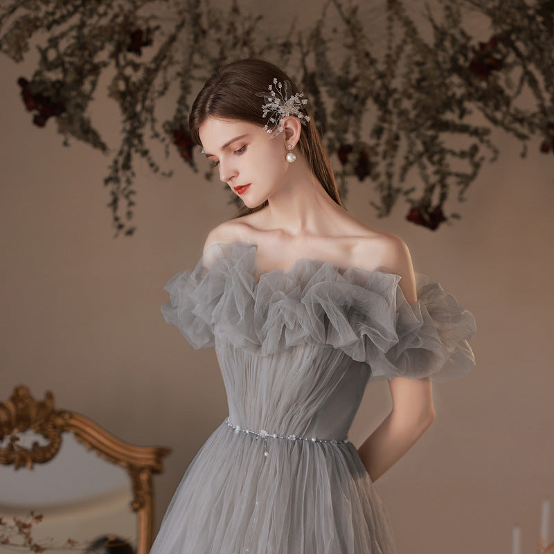 Elegant Gray Tulle Long Prom Dress with Off-Shoulder Neckline - Formal Evening Gown for Homecoming, Wedding Guest & Special Occasions