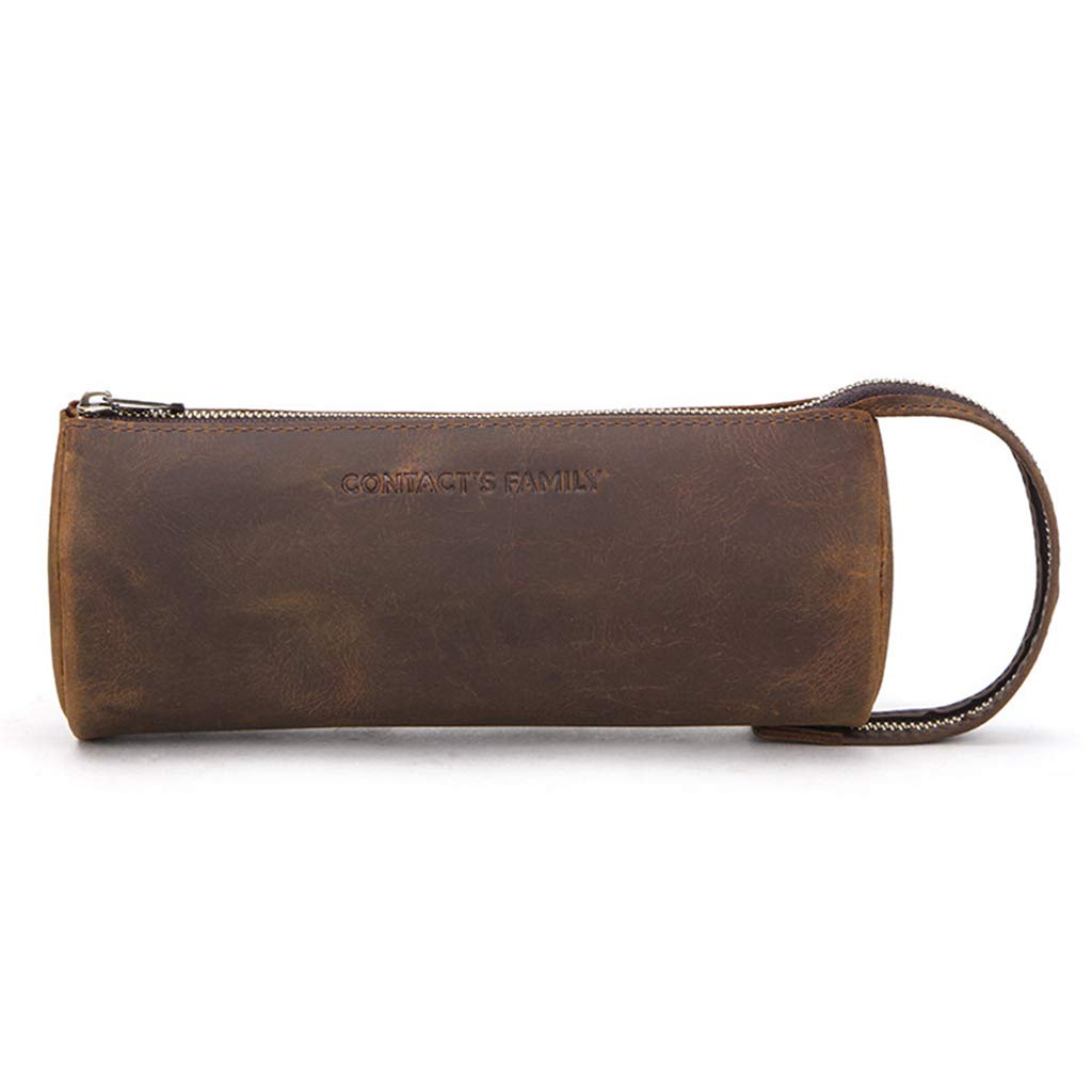 Retro Cowhide Leather Pencil Case for School, Office & Travel