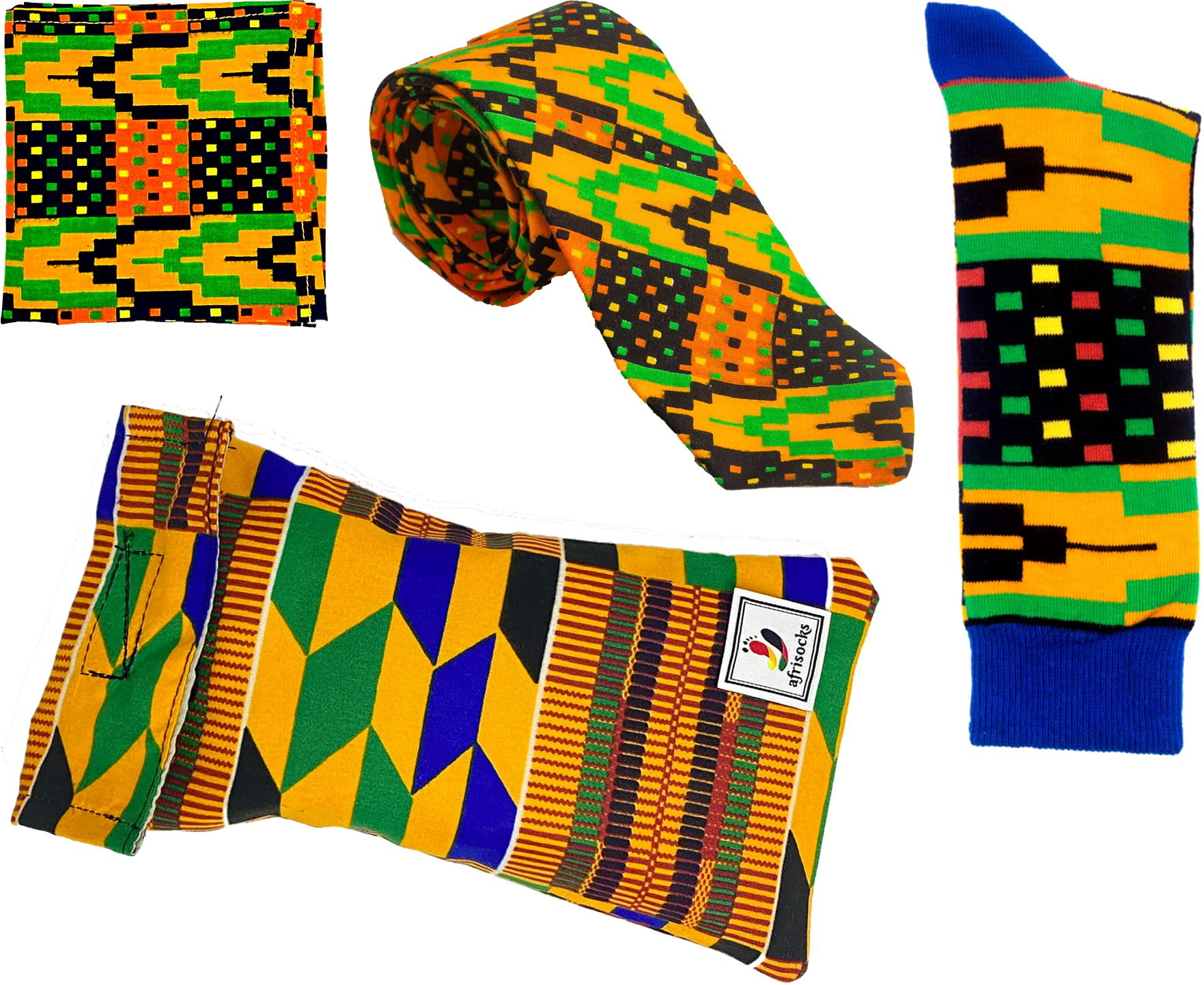 Authentic Kente African Neck Tie, Socks & Pocket Square Set for Men - Traditional Ghanaian Accessories for Weddings, Parties & Cultural Events