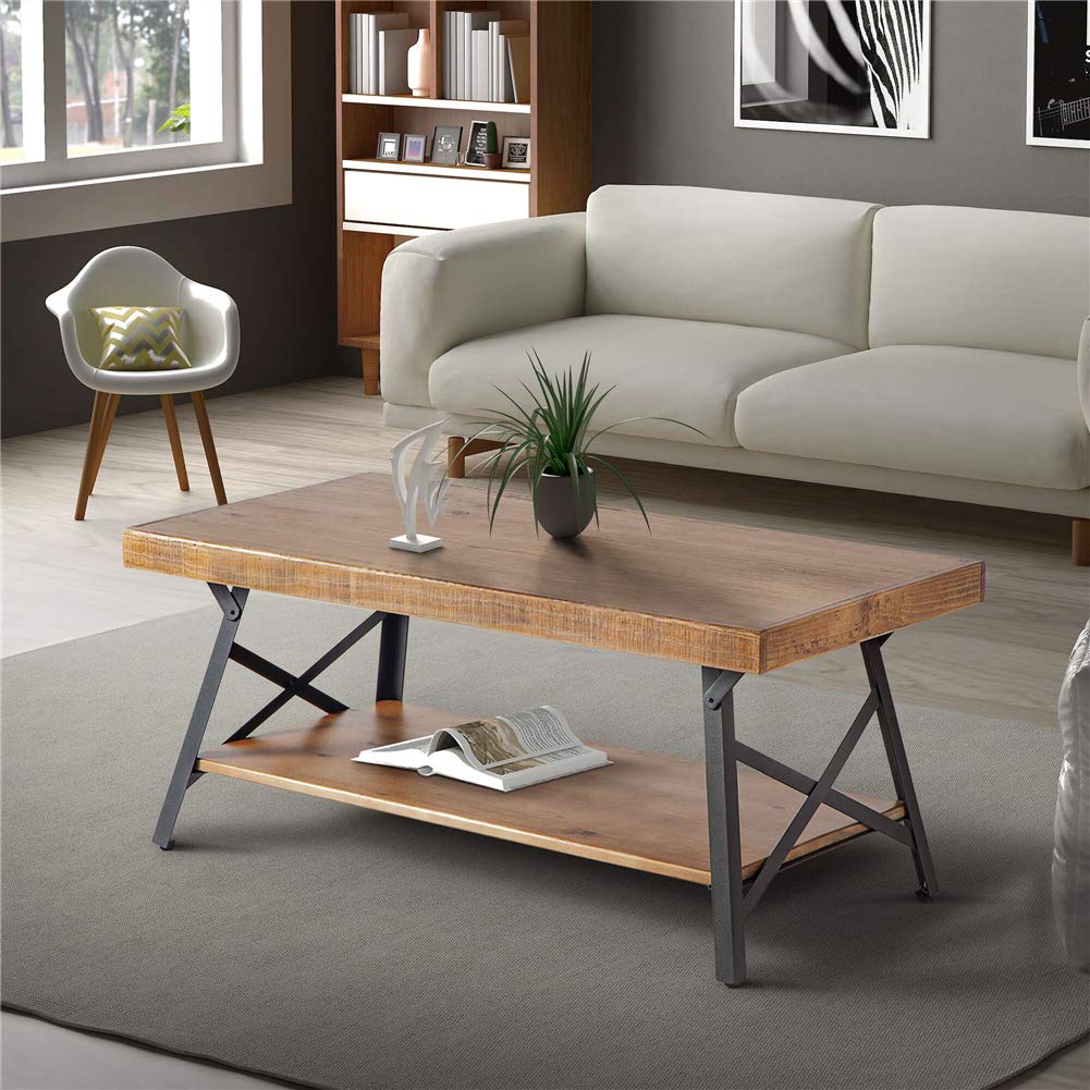 Rustic Coffee Table - Large Retro Wood Slab Coffee Table with Metal Legs & Storage Shelf | Easy Assembly Rectangle Design for Living Room, Bedroom, Kitchen | Perfect for Farmhouse Decor, Small Space Furniture & Coffee Lovers