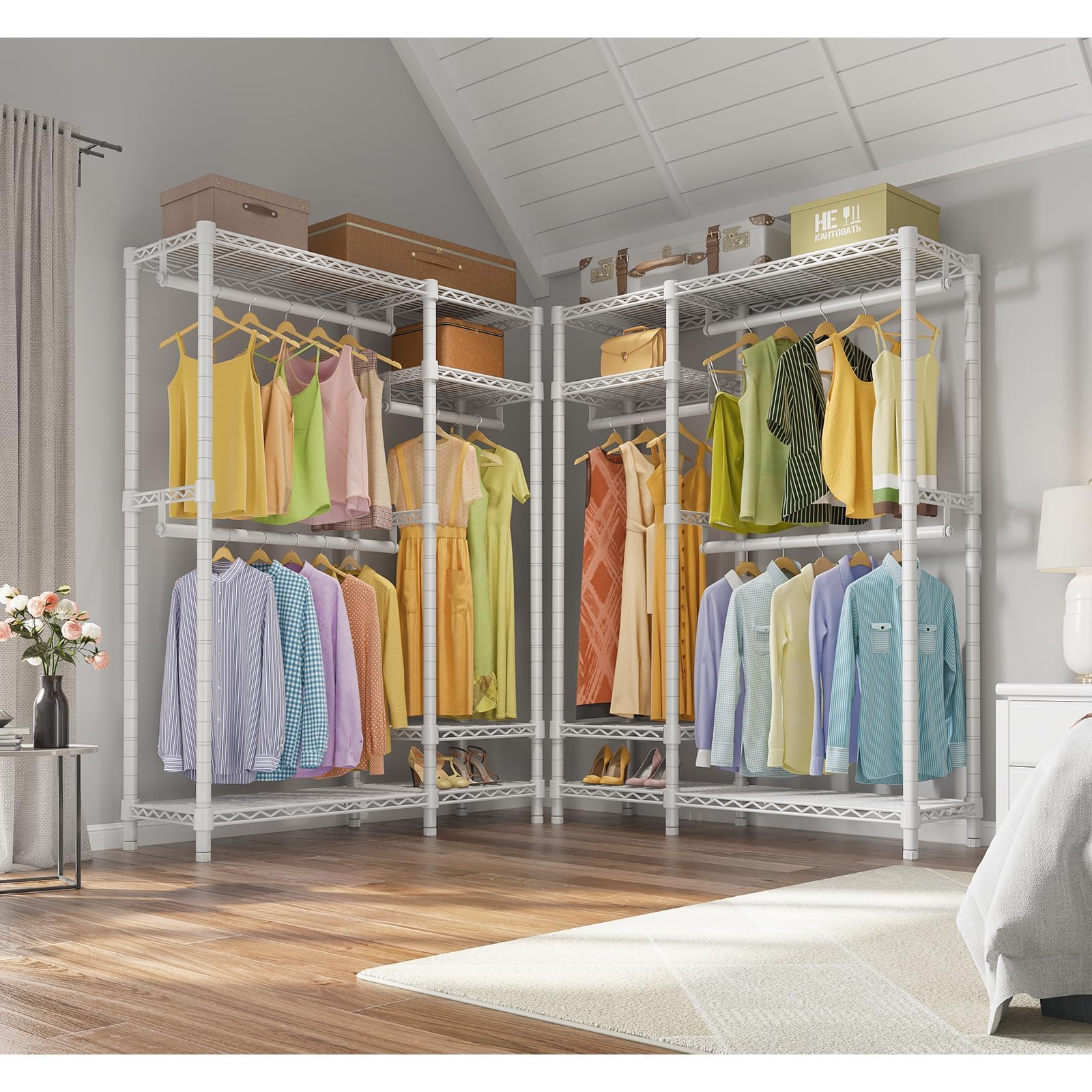 VIPEK V2S Heavy Duty 4-Tier Metal Clothes Rack with 3 Hanging Rods - 800LBS Capacity Freestanding Garment Storage Organizer for Closet, Laundry Room, or Commercial Use - White