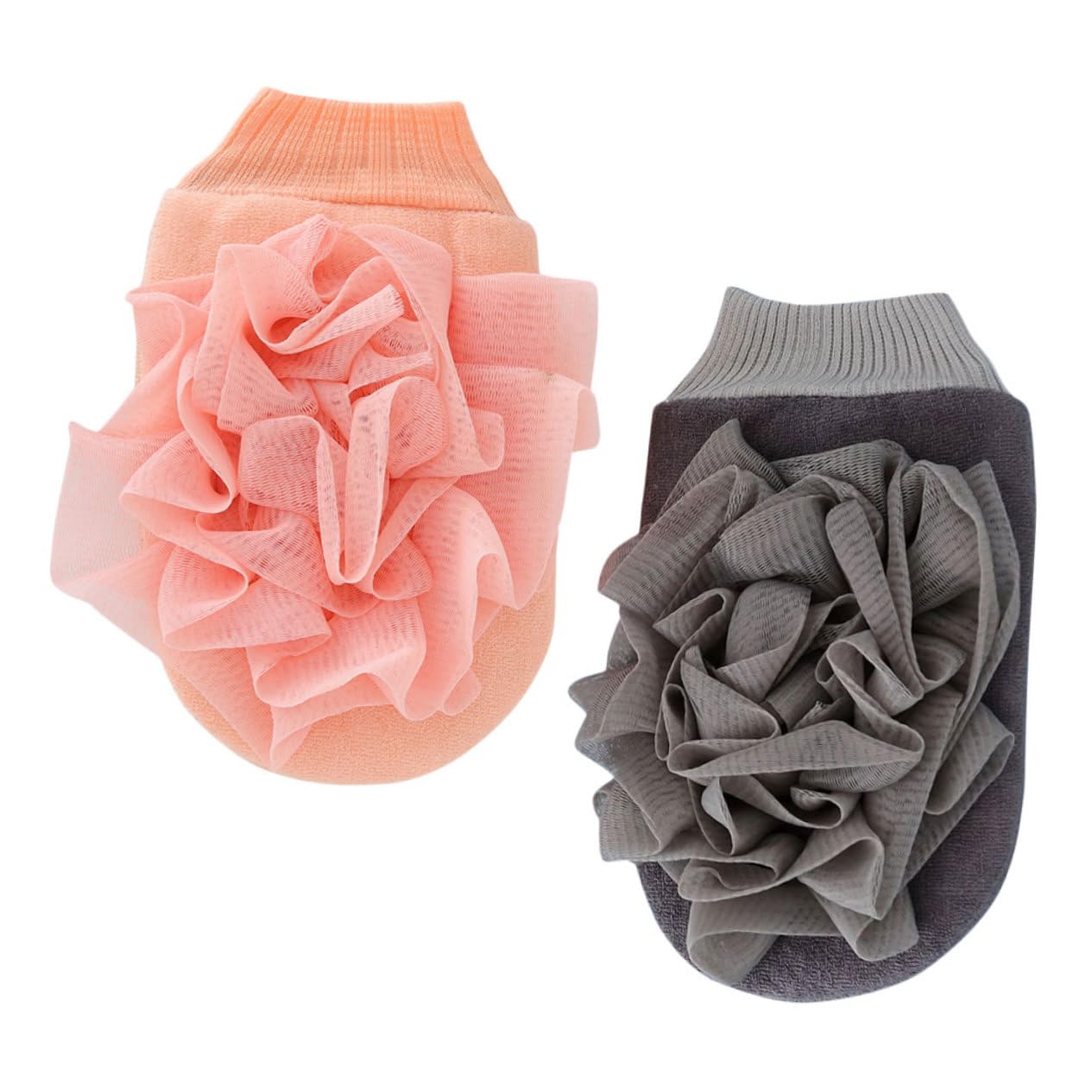 Beautifufu Exfoliating Bath Gloves for Men - 2 Pack Flower Scrub Mitts, Body Wash Gloves for Deep Cleansing & Skin Care - Grey & Pink Shower Accessories - Perfect for Spa, Massage & Daily Exfoliation