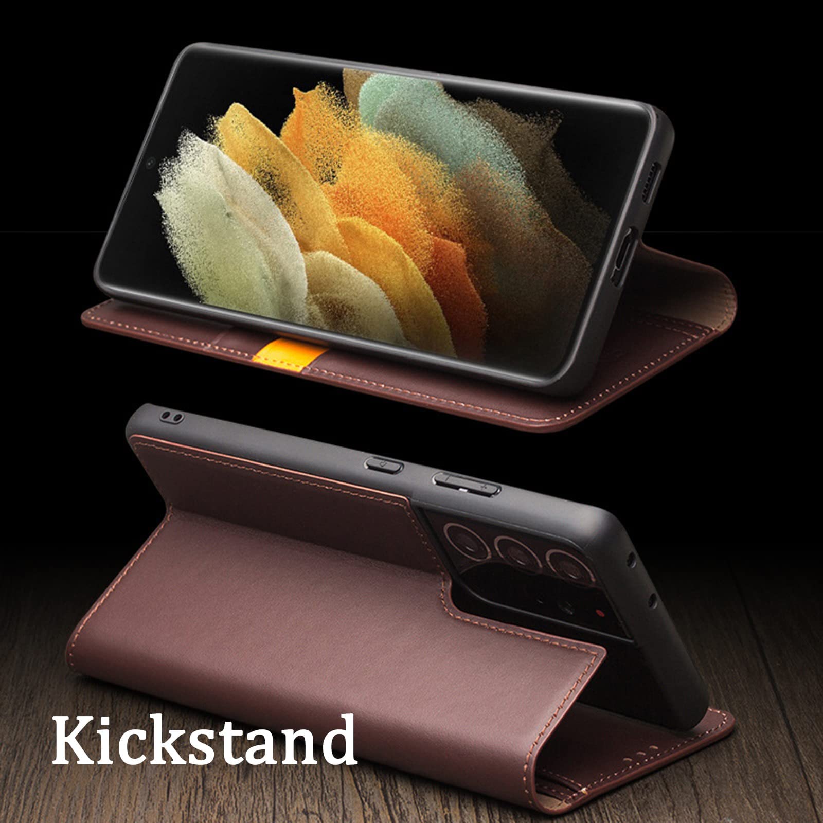 Genuine Cowhide Leather Wallet Case for Samsung Galaxy S21 Ultra - Handmade Flip Cover with Card Holder & Kickstand, TPU Shell Folio Protection (Brown) | Perfect for Business, Travel & Everyday Use