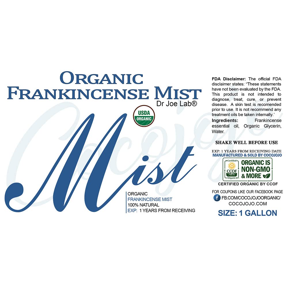 Organic Frankincense Hydrating Face & Body Mist Spray - USDA Certified, Moisturizes Dry Skin & Hair, with Frankincense Essential Oil & Glycerin (1 Gallon/128oz) - Perfect for Daily Skincare, Spa Relaxation & Travel Refreshment