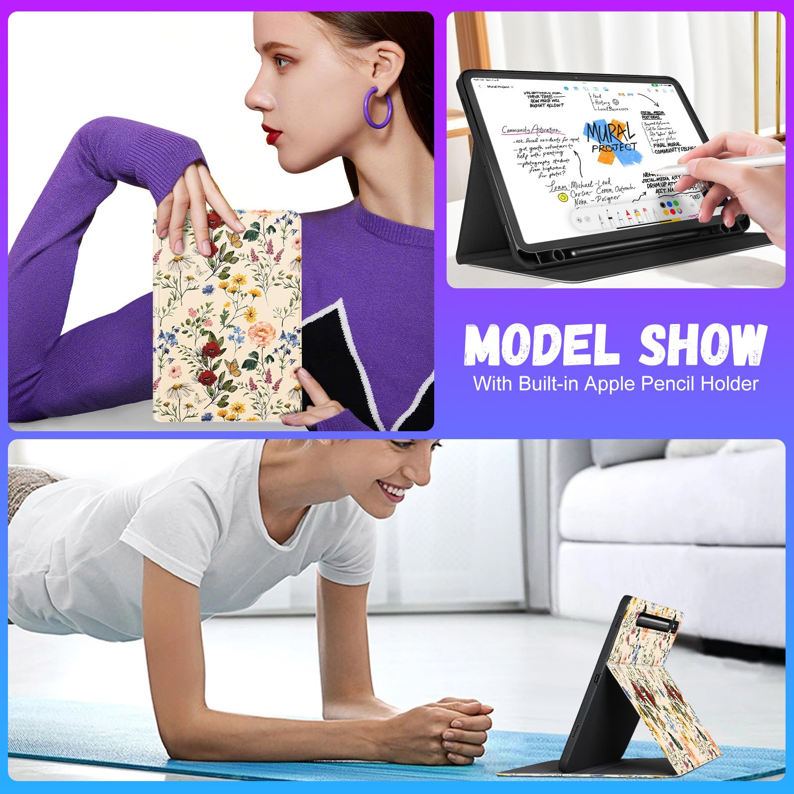 Cute Floral Folio Case for Samsung Galaxy Tab S8/Tab S7 11 Inch - Kawaii Girly Design with Pencil Holder, Protective Cover for Women & Girls (2020/2022 Models) - Perfect for School, Work & Travel