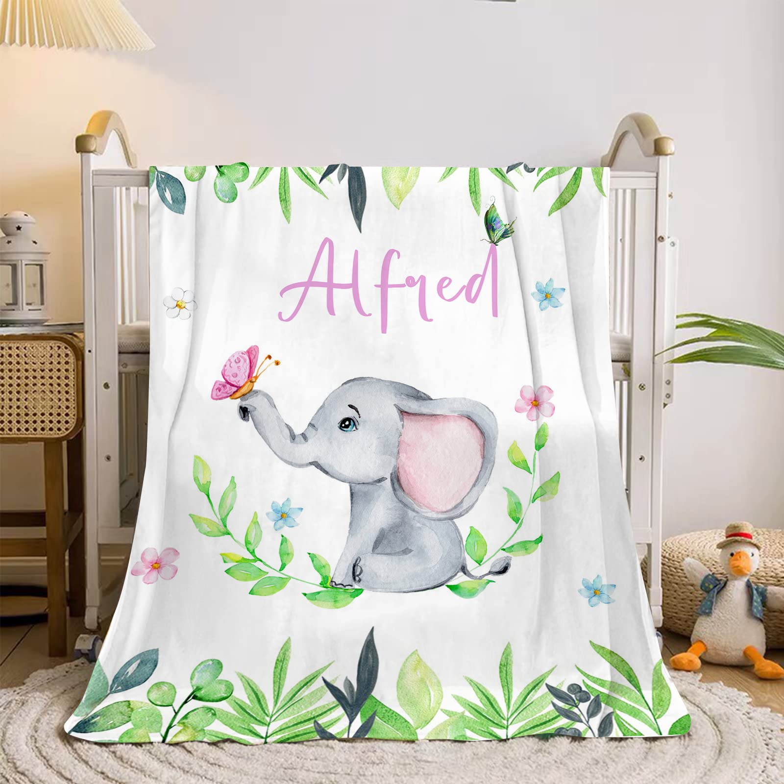 Personalized Baby Blanket with Name - Soft Fleece Flannel Blanket for Baby Girls & Boys - Elephant, Floral & Butterfly Designs - Perfect for Nursery, Gift Giving & Photo Shoots