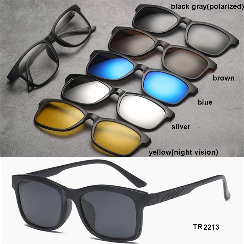 Brightzone Men's Full Rim Square TR90 Eyeglasses with Clip-On Polarized Sunglasses SB31 - Lightweight & Durable Reading Glasses for Work, Driving & Outdoor Activities