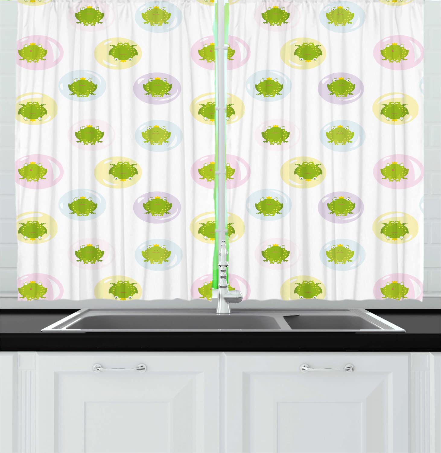 Ambesonne Frog Prince in Bubbles Cartoon Kitchen Curtains - Pastel Tone Fairy Tale Themed Long Drapes with Rod Pocket, Set of 2 Panels 55