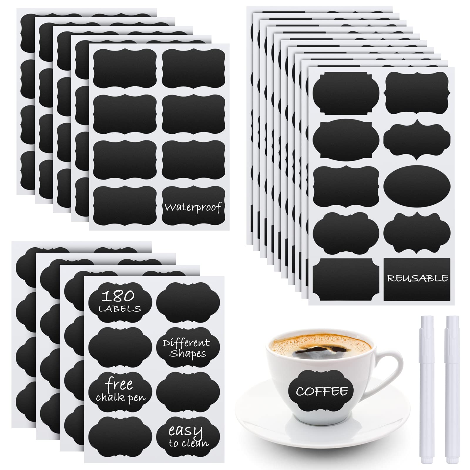 180pcs Reusable Waterproof Chalkboard Labels with 2 Free Erasable Chalk Markers - Mini Blackboard Stickers for Jars, Containers, Kitchen, Pantry, Office & Home Organization - Perfect for Labeling Spices, Storage Boxes & DIY Crafts