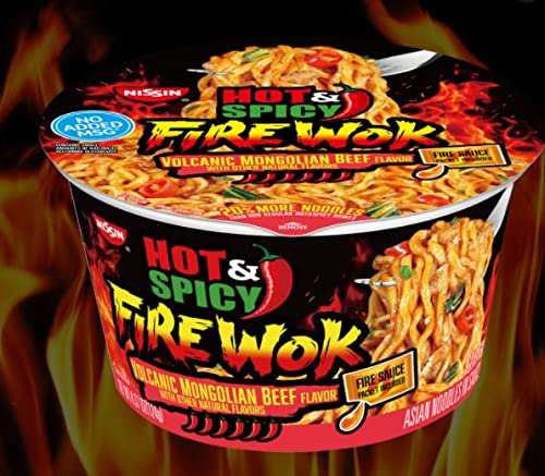 Spicy Mongolian Beef Flavor Asian Noodles - Authentic Fire Wok Instant Ramen Bowls (3.2 oz) - Quick Lunch, College Dorm Meals & Late Night Snacks