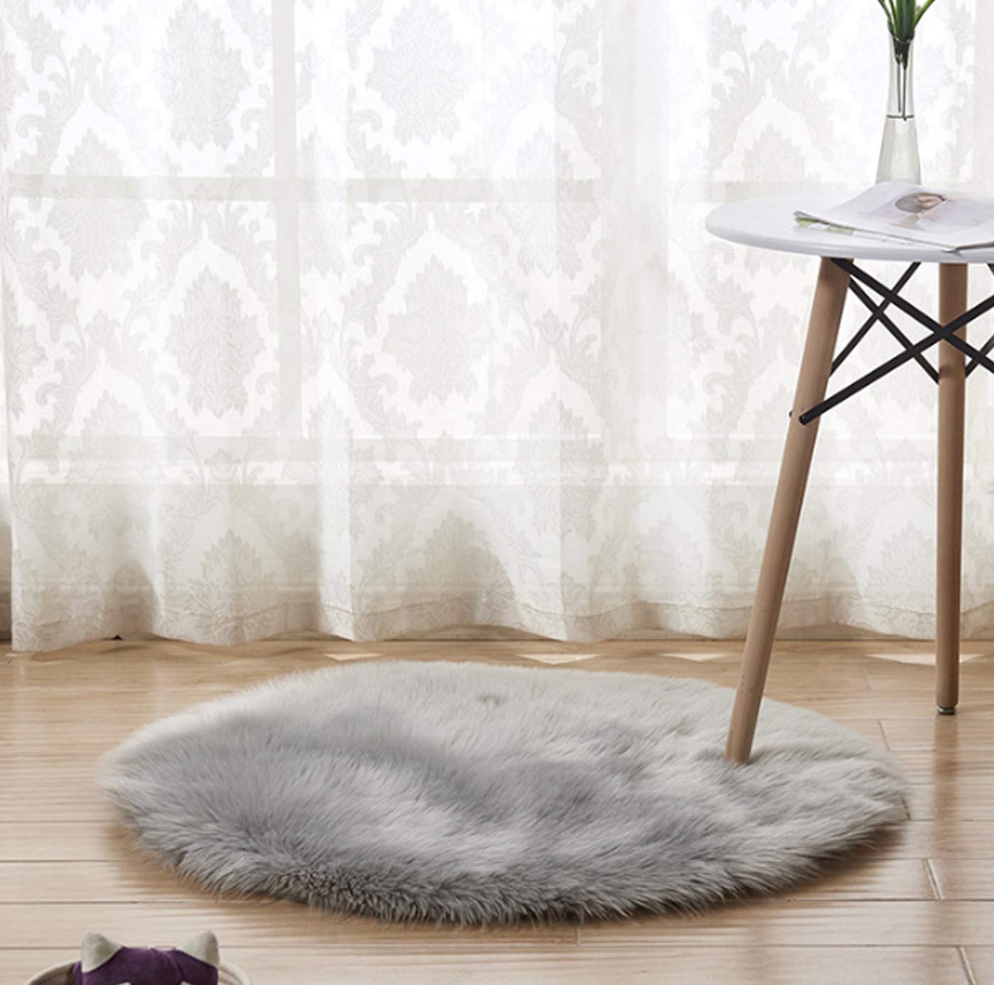 Soft Fluffy Faux Fur Round Rug - 6ft Grey Silky Fuzzy Carpet for Living Room, Bedroom & Girls Room - Cozy Home Decor for Winter & Nursery Play Area