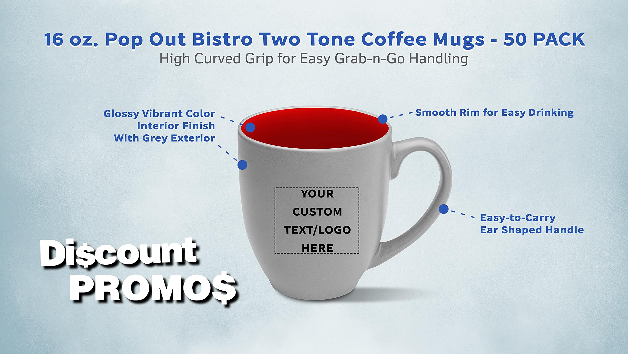 Custom 16oz Two-Tone Coffee Mugs Set of 50 - Personalized Bulk Pop Out Bistro Mugs for Coffee, Hot Cocoa & Beverages - Red - Perfect for Restaurants, Cafes & Corporate Gifts