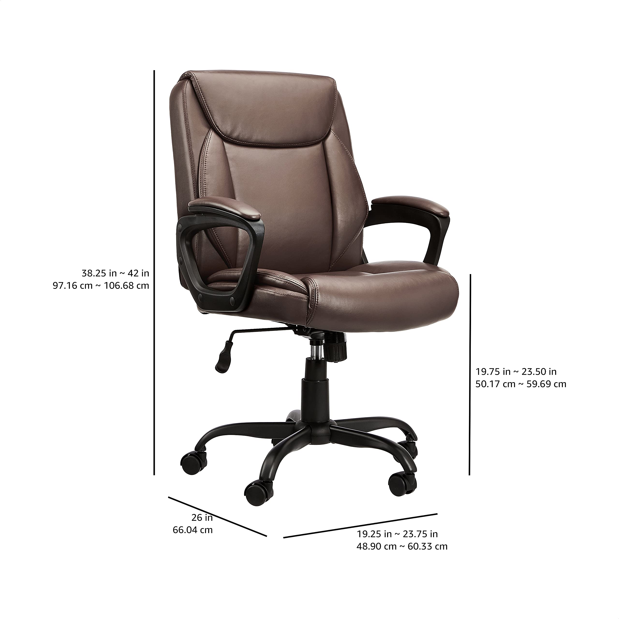 AmazonBasics Classic Puresoft PU-Padded Mid-Back Office Chair with Adjustable Armrests - Ergonomic Desk Chair for Home & Office, Brown - Perfect for Long Work Hours, Gaming & Study Sessions