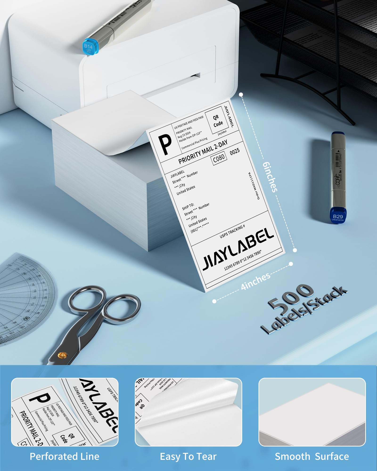4x6 Thermal Shipping Labels - 500 Fanfold Stickers for USPS, UPS, FedEx | Compatible with Thermal Label Printers | White Address Labels for Packing & Mailing | Perfect for E-commerce, Small Business & Home Shipping