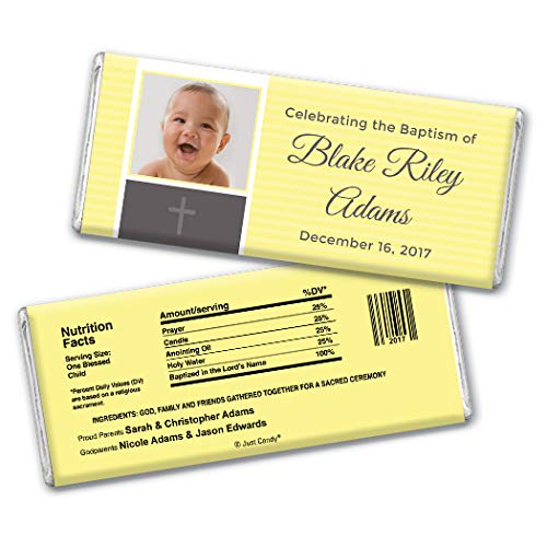 Personalized Baptism Chocolate Favors - 36 Pack Custom Candy Bars with Yellow Wrapping - Perfect for Christenings, Baptisms & Religious Celebrations