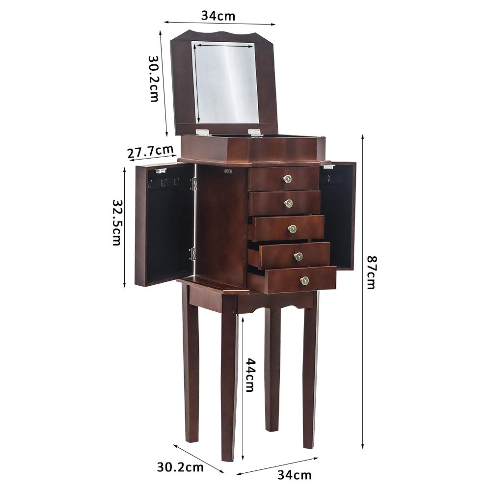 GT4-LY Standing Jewelry Armoire with Full-Length Mirror - 5 Drawers, 6 Necklace Hooks & Top Storage Organizer - Jewelry Cabinet Chest with 2 Side Swing Doors (Brown) - Perfect for Bedroom, Closet & Dressing Room Organization