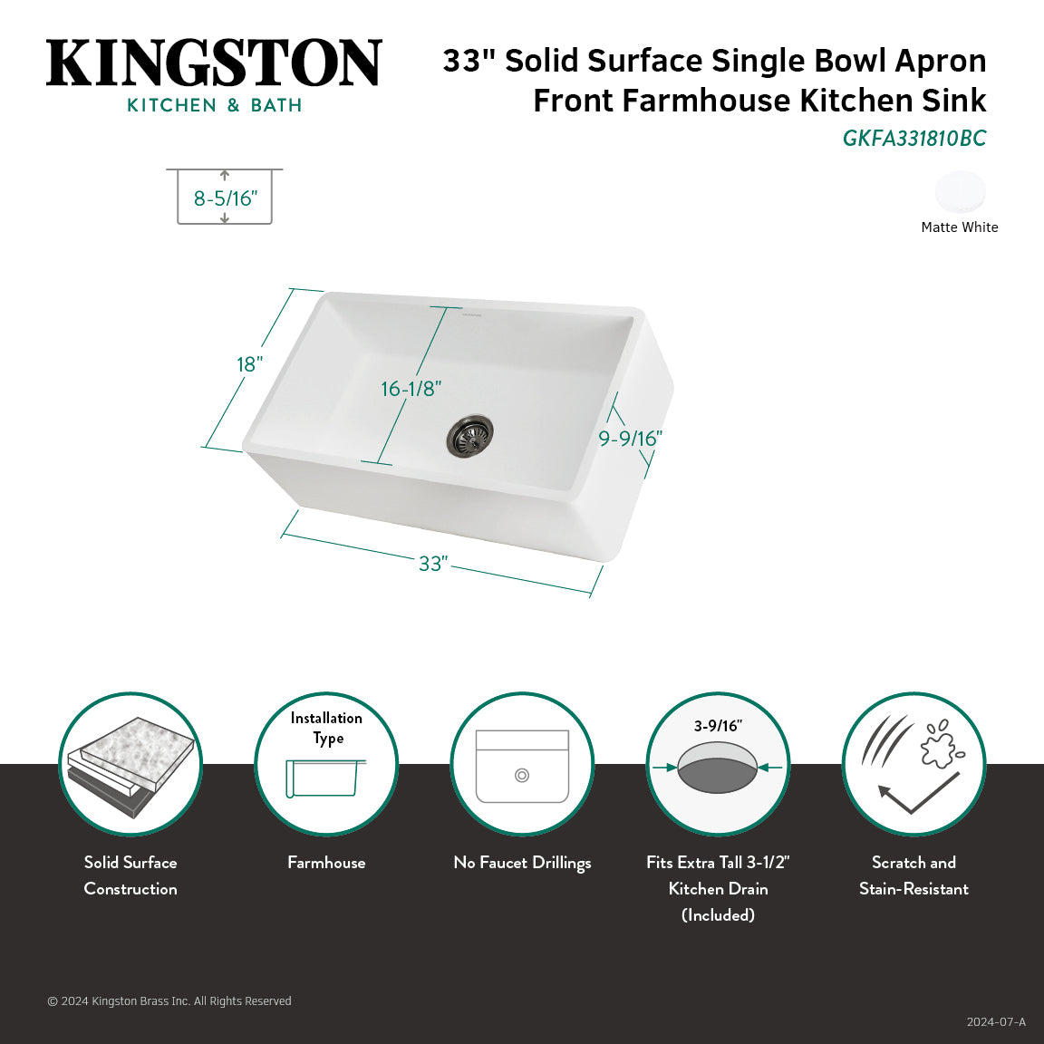 Arcticstone GKFA331810BC 33-Inch White Farmhouse Kitchen Sink - Solid Surface Apron Front Single Bowl with Strainer, Matte Finish | Perfect for Rustic & Modern Kitchens