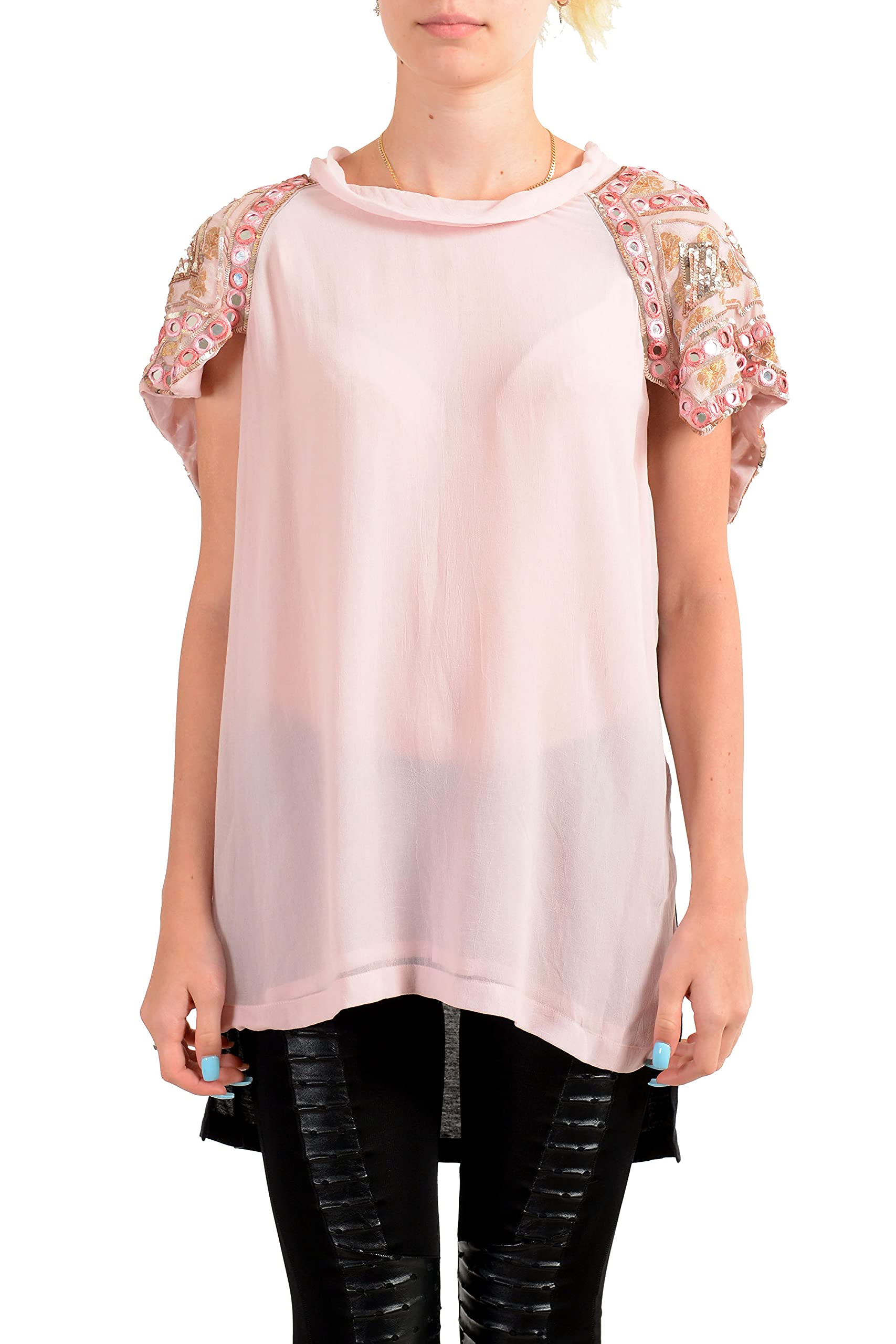 Just Cavalli Women's Pink Embellished Short Sleeve Blouse Top - US Size 8 / IT 40 - Elegant Party Wear & Casual Office Outfit
