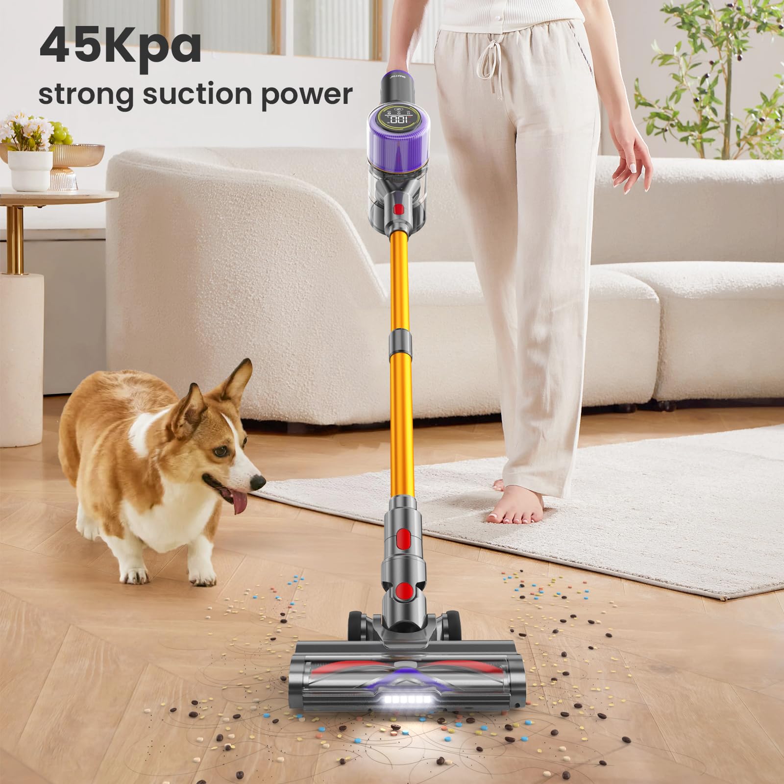 45KPa 550W Powerful Cordless Vacuum Cleaner for Home - 60 Min Runtime, Touch Screen, Anti-Tangle Roller Brush - Lightweight Stick Vacuum for Pet Hair, Carpets & Hard Floors | Perfect for Quick Cleanups & Deep Cleaning