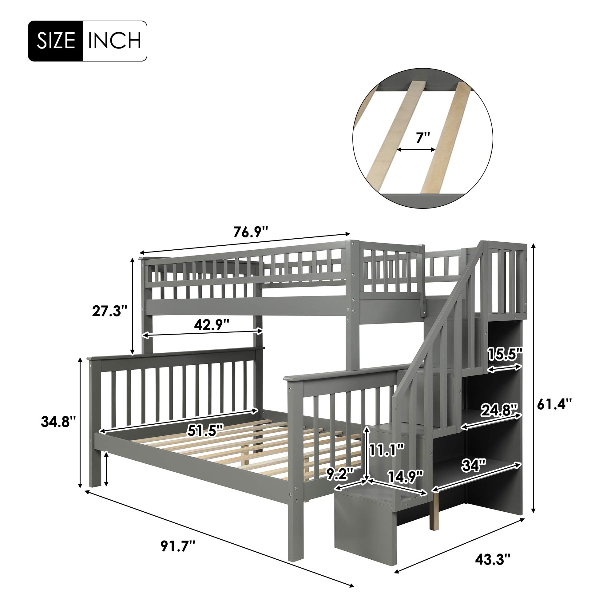 P PURLOVE Stackable Twin Over Full Bunk Bed with Stairway - Wooden Storage Bunk Bed with Shelves & Guard Rail for Kids & Teens - Convertible into 2 Separate Beds - Gray Bed Frame - Perfect for Small Bedrooms, Dorms & Shared Kids' Rooms