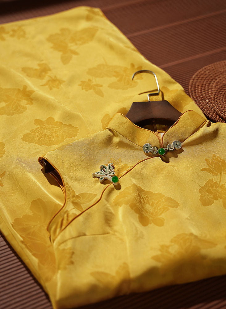 2025 Yellow Green Jacquard Floral Cheongsam Qipao Dress - Vintage Chinese Traditional Dress for Women, Elegant Party & Wedding Guest Outfit