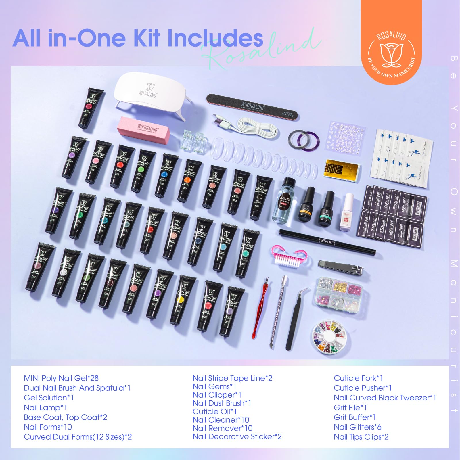 ROSALIND 28 Colors Poly Nail Gel Kit with Mini UV Lamp - Professional Clear & Neon Gel Polish Starter Set for DIY Nail Art | Perfect for Beginners, Halloween, Spring & Summer Manicures | Home Salon & Party Nail Care Essentials