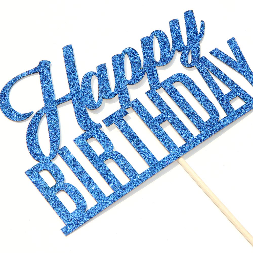 Blue Glitter Happy Birthday Cake Topper - Anniversary Party Decorations for Adults & Kids - Cake Decorating Supplies for Birthday Celebrations | Perfect for Wedding, Baby Shower & Graduation Parties