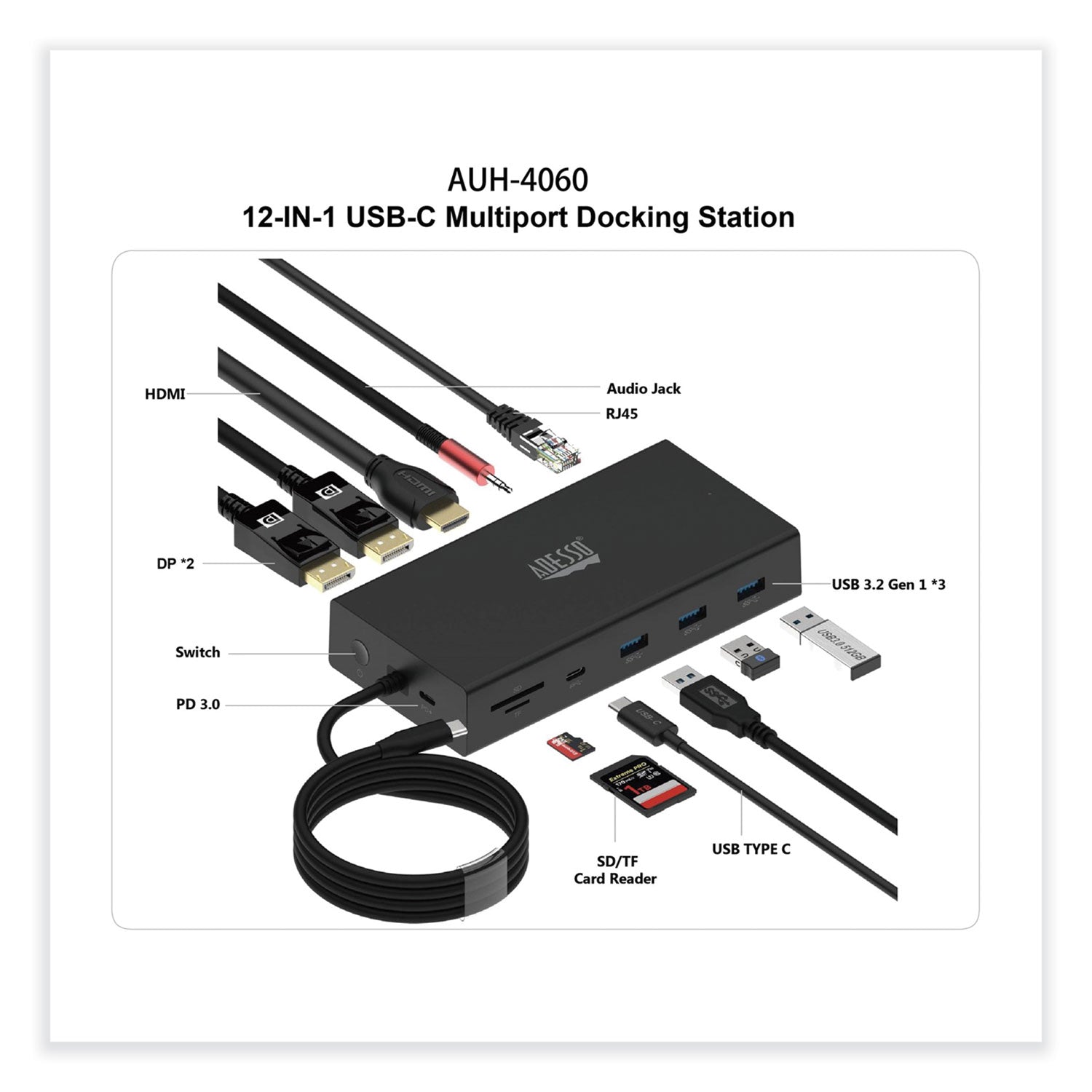 Adesso 12-in-1 USB C Docking Station with HDMI, Ethernet, USB Ports - TAA Compliant Laptop Dock for MacBook, Dell, HP - Perfect for Home Office & Remote Work Setup