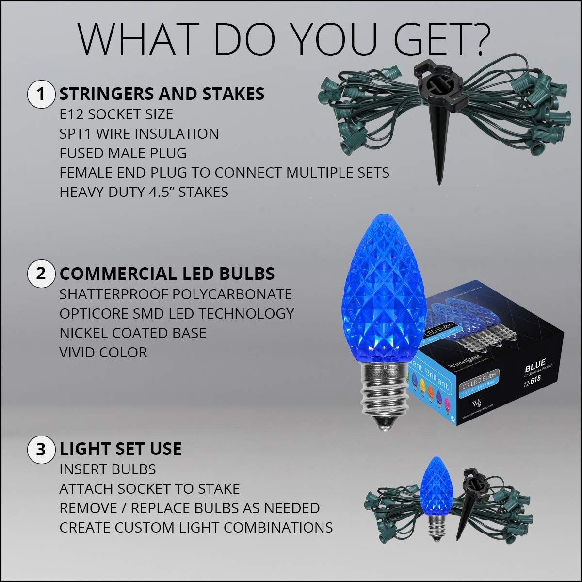 50’ OptiCore LED C7 Blue Christmas Pathway Lights - Outdoor Waterproof Landscape Lighting with 4.5” Stakes & Green Wire - Perfect for Holiday Decorations, Garden Walkways, and Patio Lighting
