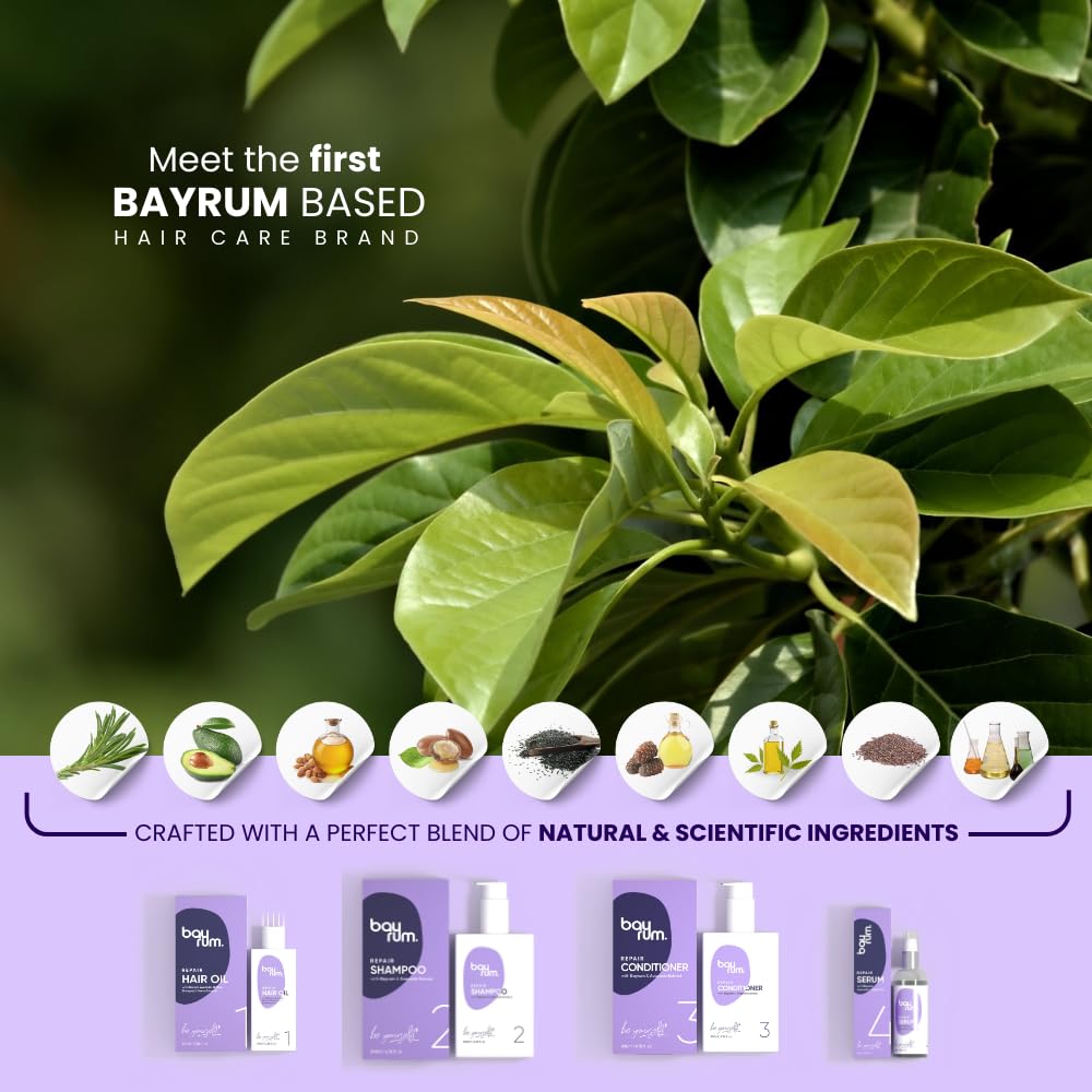 Bayrum Hair Care Combo for Dry and Frizzy Hair - 4-Step Repair Kit with Nourishing Oil, Shampoo, Conditioner & Serum | Damaged Hair Treatment for Women & Men | Shine & Strengthening Bundle (550ml) | Perfect for Daily Hair Care & Salon-Quality Results at Home