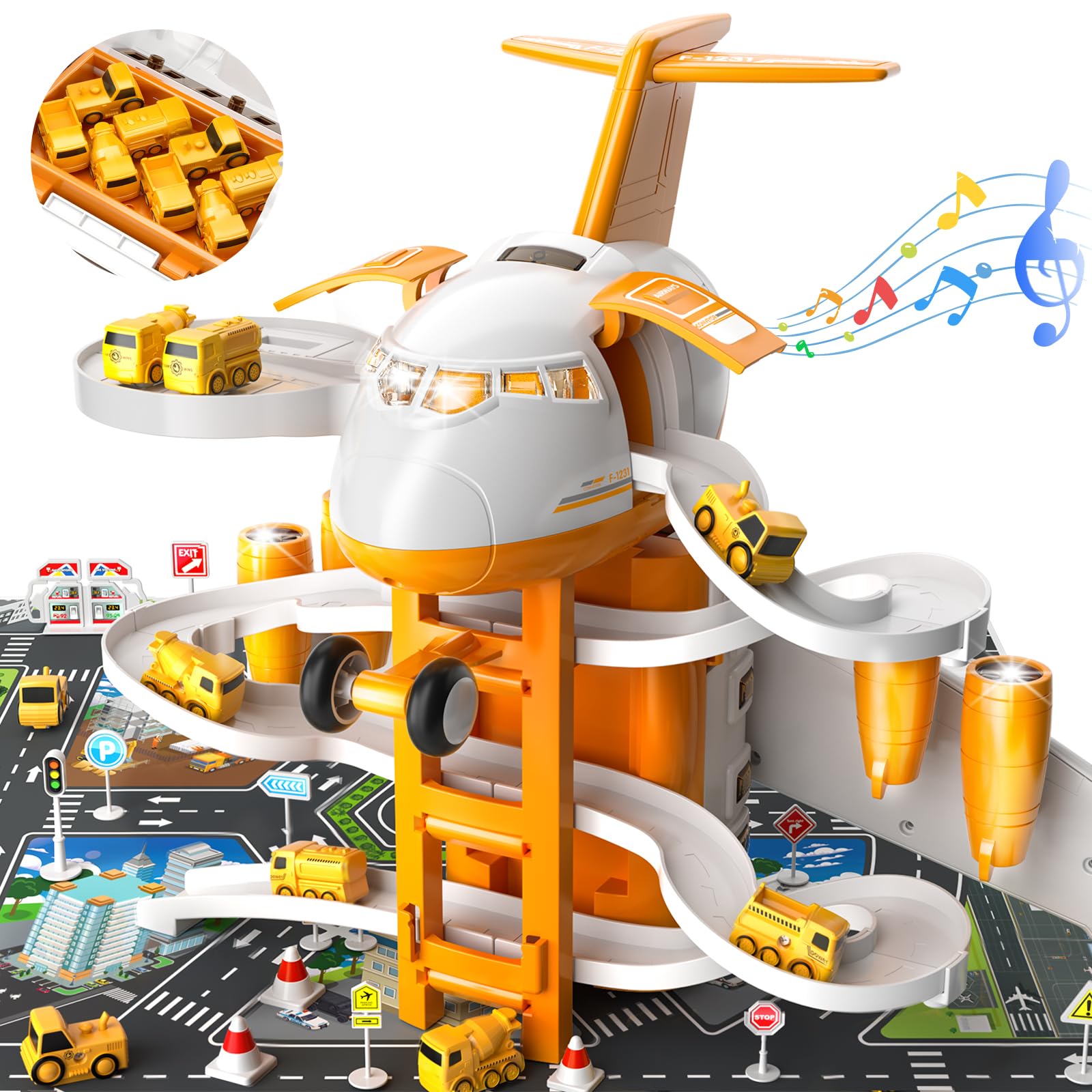 TEMI Kids Airplane & Race Car Toys for Boys 2-6 - 8 Construction Vehicles with Playmat | Birthday Gift for Toddlers | Indoor Play & Adventure Fun