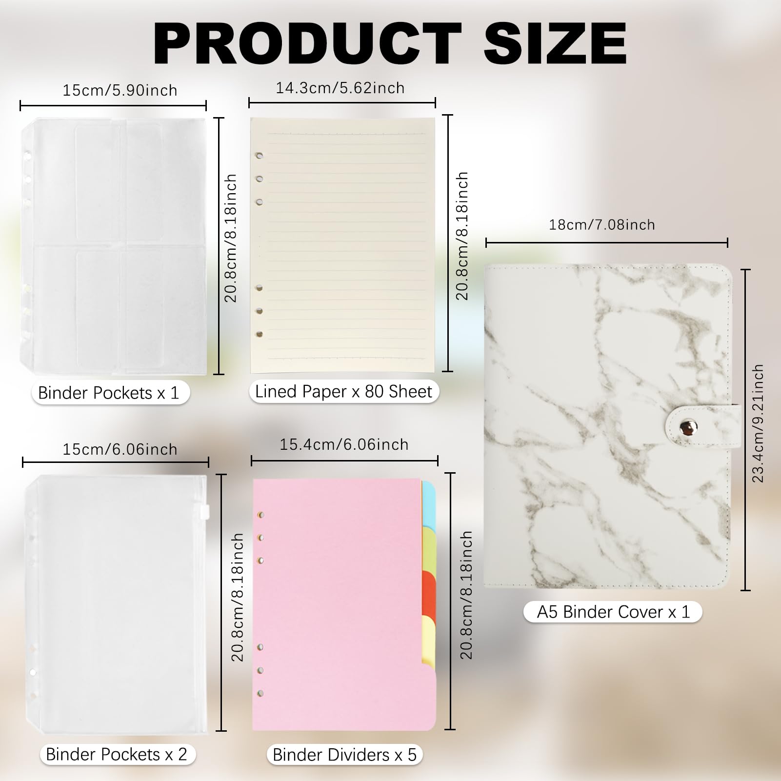 Colorlife A5 PU Leather 6-Ring Binder Notebook with Refillable Paper & Magnetic Closure - Marble White | Perfect for Office, School, Planner & Journal Organizing