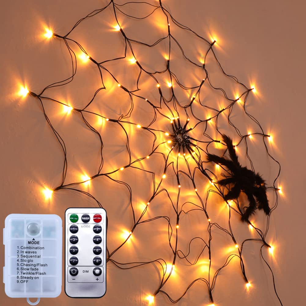 Ochine Giant Spider Web LED Halloween Lights - Waterproof Warm White Net Lights with Black Spiders for Indoor & Outdoor Decor - Perfect for House, Yard, Garden Halloween Party Scary Decorations